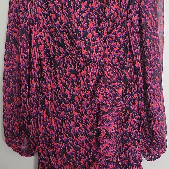 Express Abstract Print Faux Wrap Ruffle Mini Dress Small Red Black Purple - Picture 5 of 16